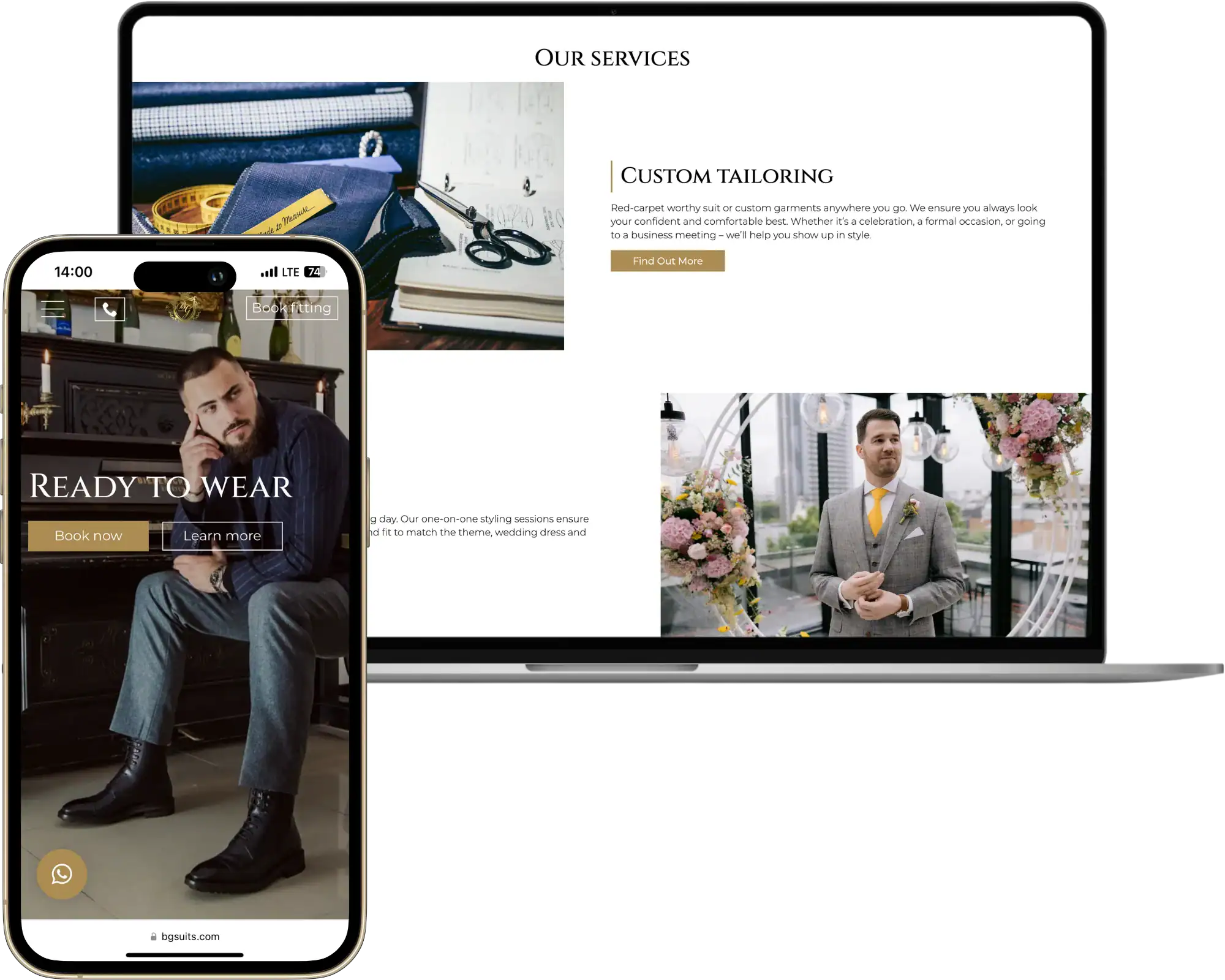 BG Suits Mājaslapas izstrāde UI UX dizains Analītika iestatīšana quo build portfolio darbvirsmas ekrāns tālruņa skats