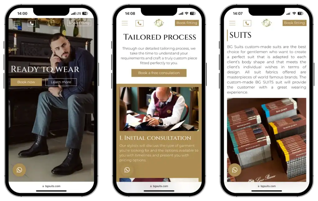 BG Suits Mājaslapas izstrāde UI UX dizains Analītikas iestatīšana quo build portfolio tālruņa skats