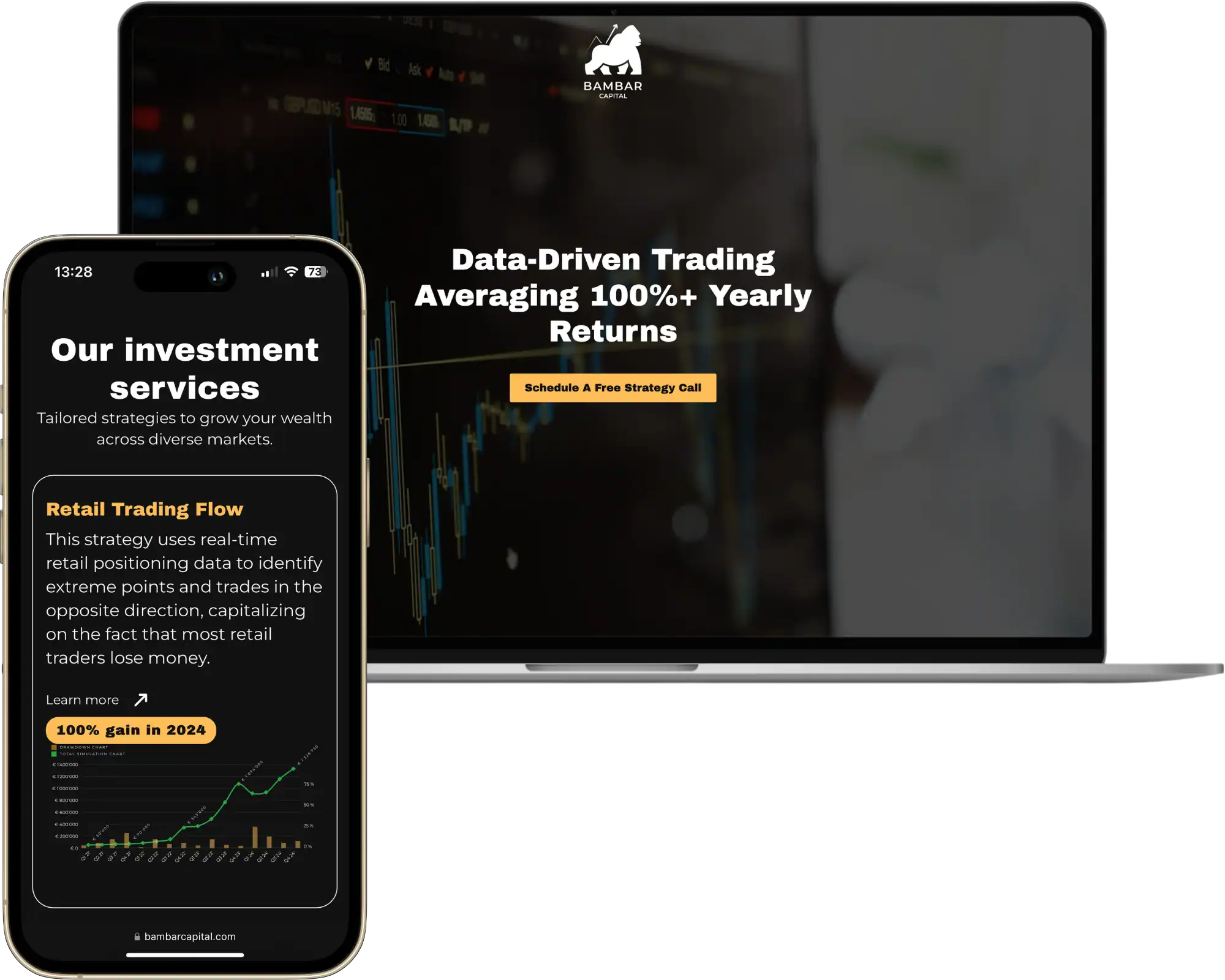 Bambar Capital UI UX dizains Mājaslapas izstrāde Stratēģijas izstrāde quo build portfolio darbvirsmas skats pa tālruni