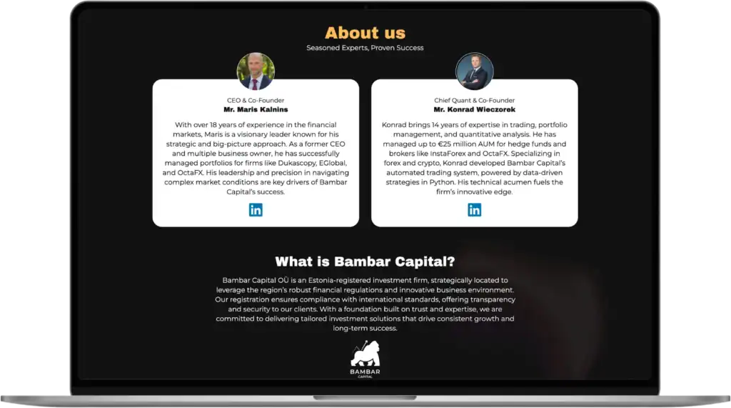 Bambar Capital UI UX dizains Mājaslapas izstrāde Stratēģijas izstrāde quo build portfolio darbvirsmas skats