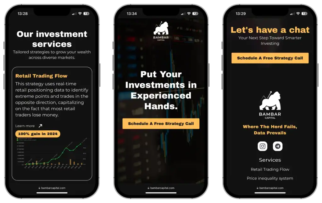 Bambar Capital UI UX dizains Mājaslapas izstrāde Stratēģijas izstrāde quo build portfolio tālruņa skats