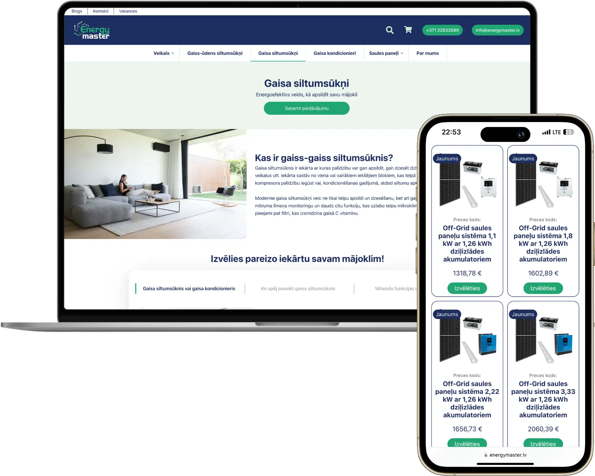 Energymaster E-veikala izstrāde Uzlabotie pielāgotie lauki UI UX dizains quo build portfolio desktop tālruņa skats