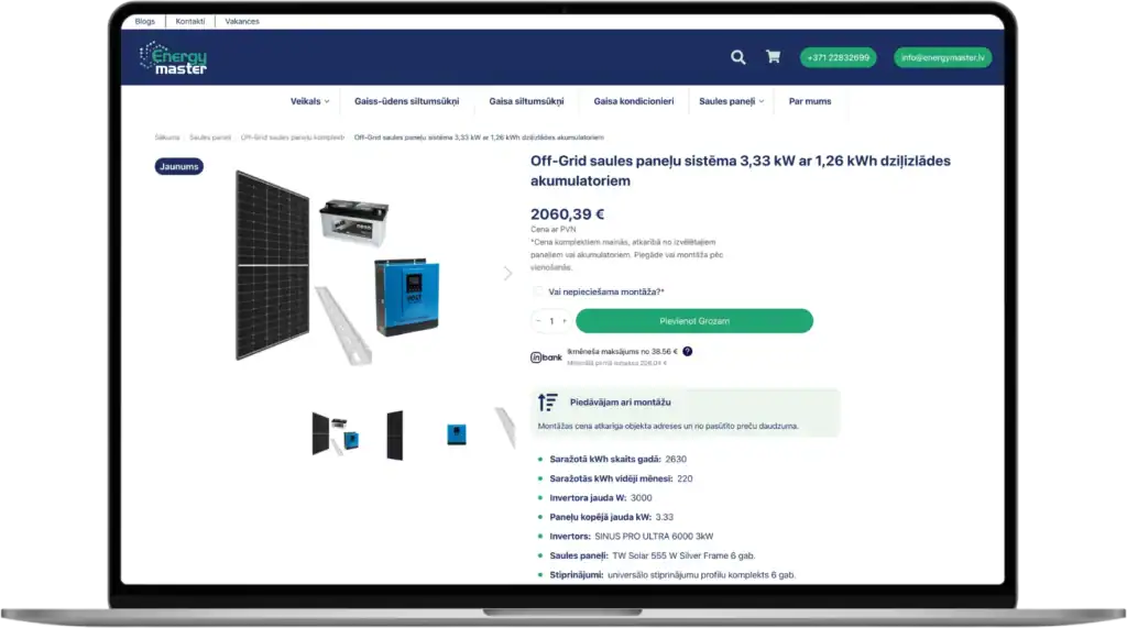 Energymaster E-veikala izstrāde Uzlabotie pielāgotie lauki UI UX dizains quo build portfolio desktop view