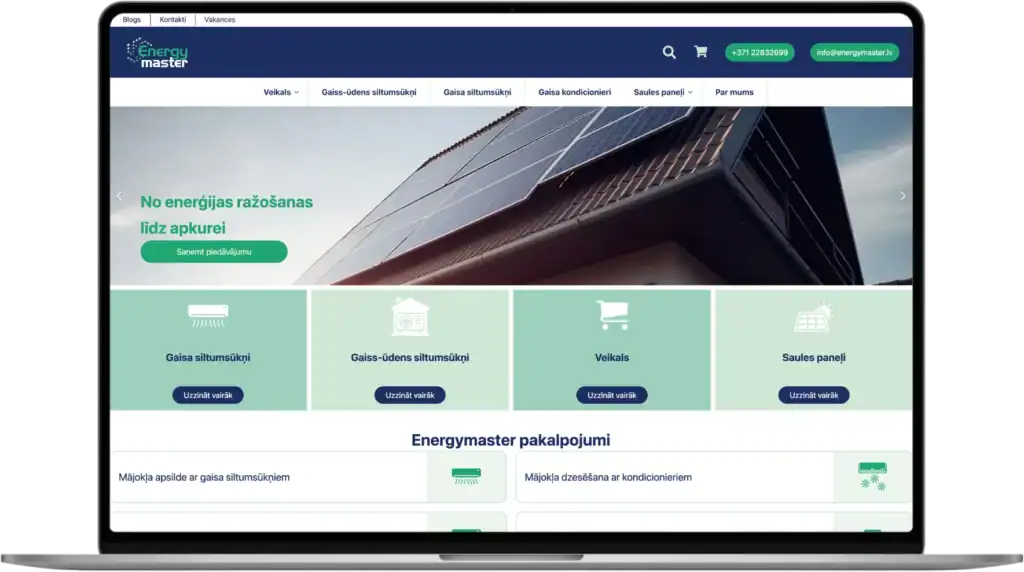 Energymaster E-veikala izstrāde Uzlabotie pielāgotie lauki UI UX dizains quo build portfolio desktop view 2