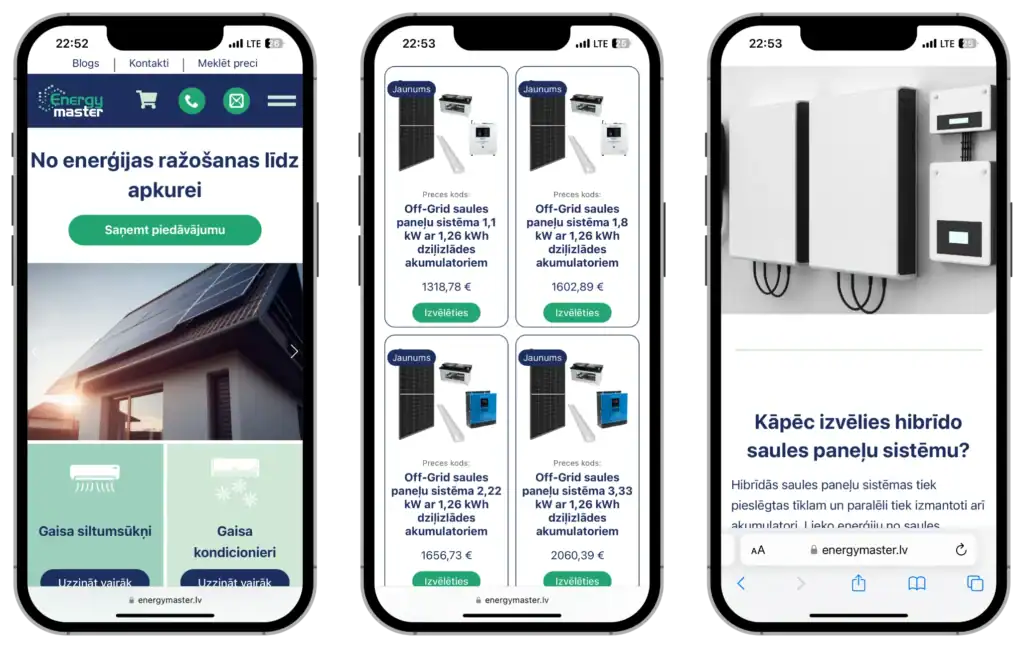 Energymaster E-veikala izstrāde Uzlabotie pielāgotie lauki UI UX dizains quo build portfolio tālruņa skats