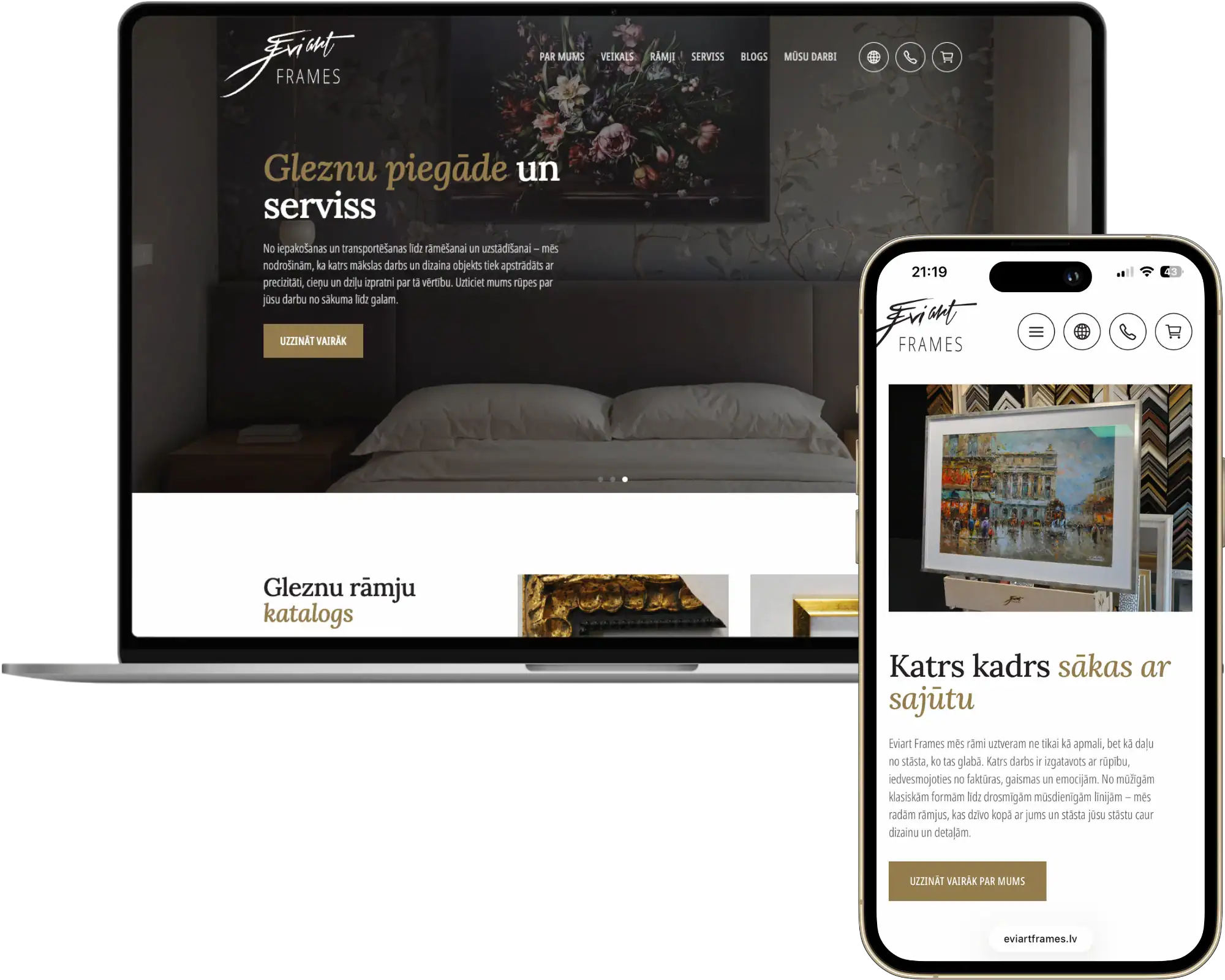 Eviart rāmji UI UX dizains Pielāgota izstrāde Stratēģija SEO optimizācija quo build portfolio darbvirsmas darbvirsmas telefona skats