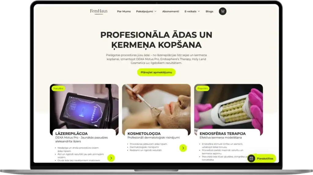 FemHaus UI UX dizains Pielāgotas pakalpojumu lapas Mobile first SEO optimizācija quo build portfolio desktop view 2