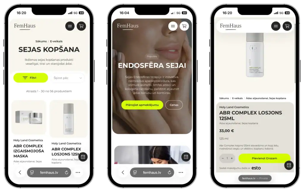 FemHaus UI UX dizains Pielāgotas pakalpojumu lapas Mobile first SEO optimizācija quo build portfolio tālruņa skats
