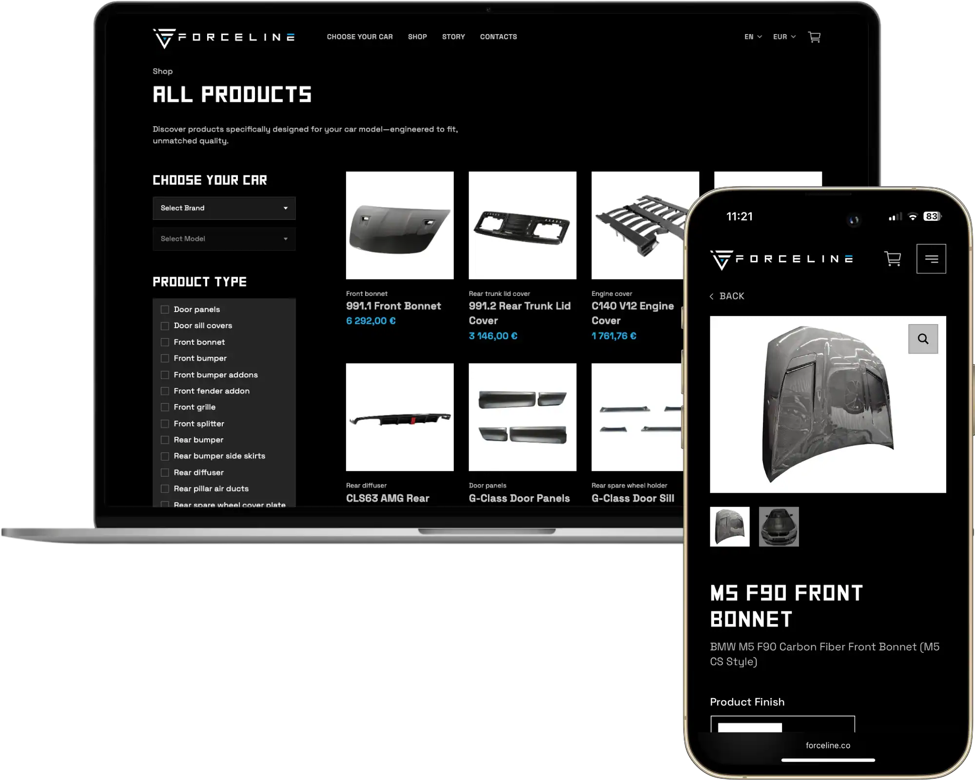 Forceline UI UX dizains Pielāgots e-veikals SEO optimizācija quo build portfolio darbvirsmas tālruņa skats
