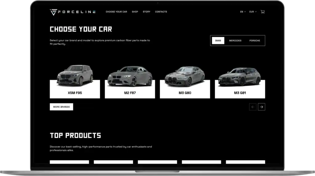Forceline UI UX dizains Pielāgots e-veikals SEO optimizācija quo build portfolio desktop view