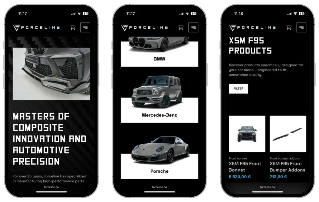 Forceline UI UX dizains Pielāgots interneta e-veikals SEO optimizācija quo build portfolio tālruņa skats