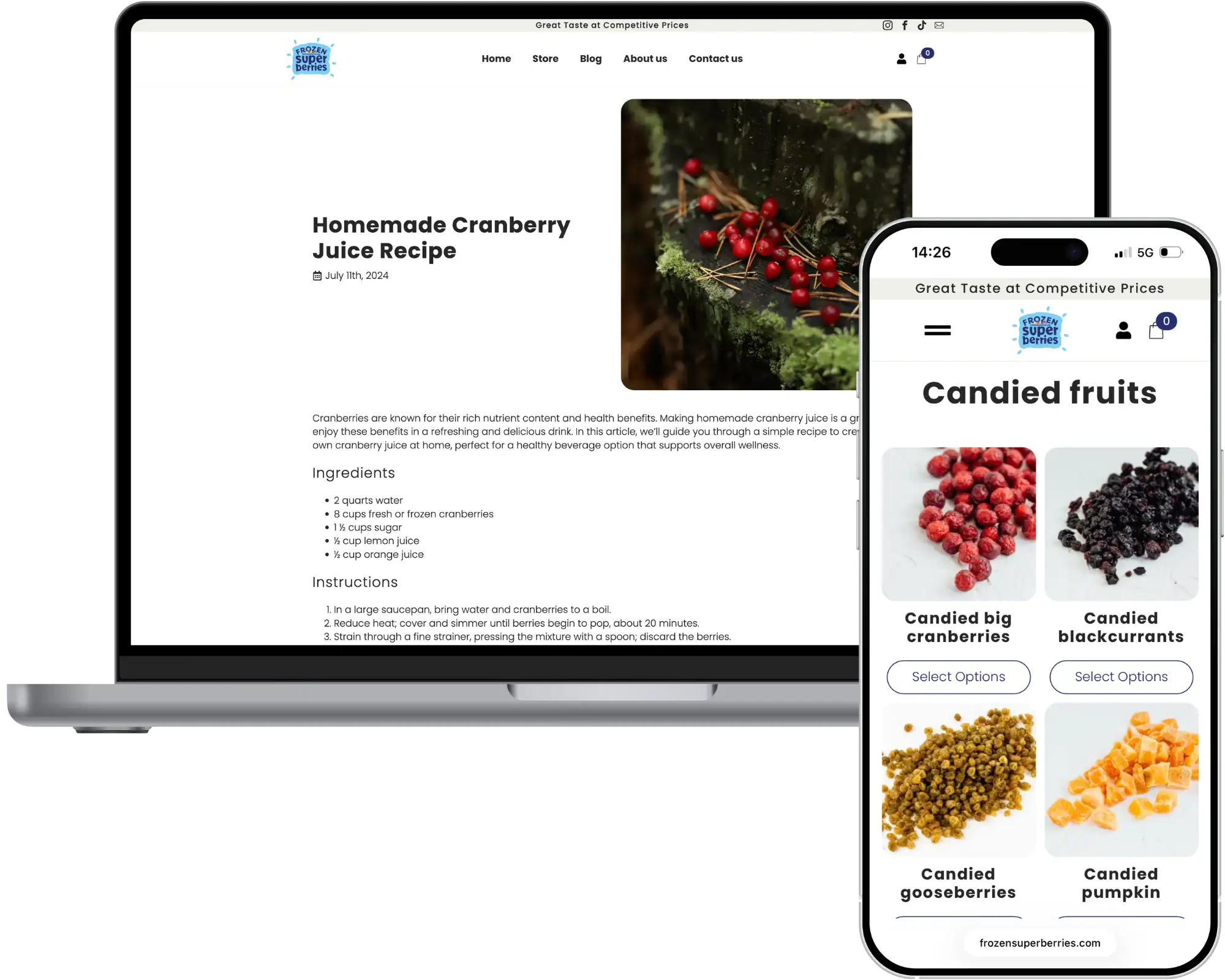 Frozensuperberberries E-veikala izstrāde Mājaslapas izstrāde SEO optimizācija UI UX dizains quo build portfolio darbvirsmas skats pa tālruni