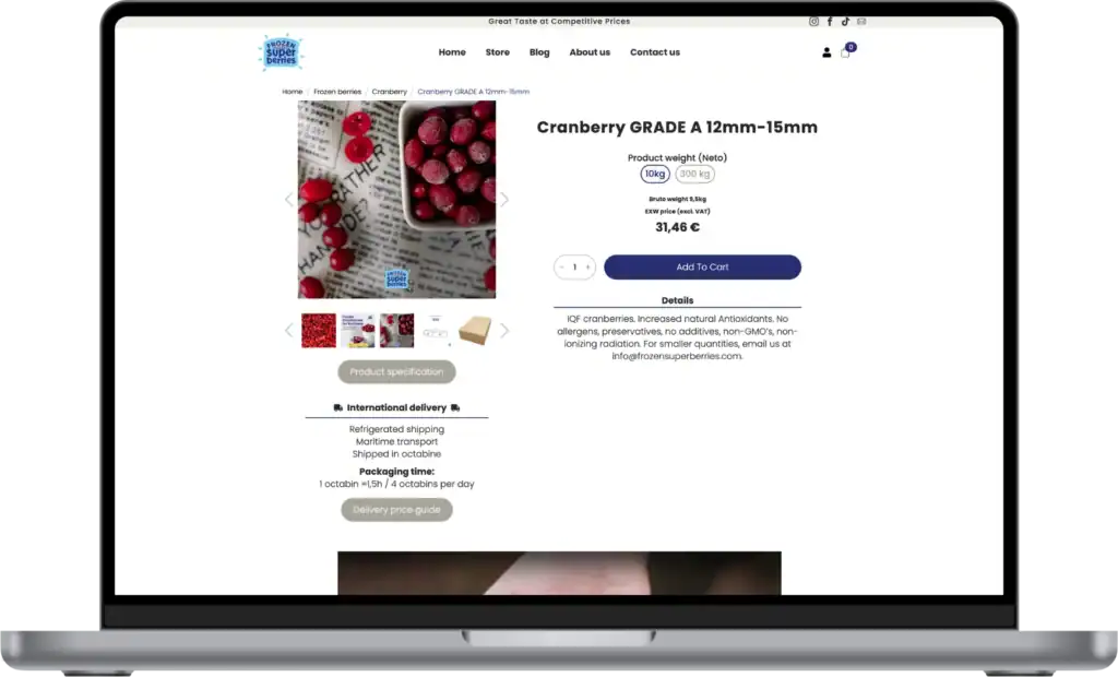 Frozensuperberberries E-veikala izstrāde Mājaslapas izstrāde SEO optimizācija UI UX dizains quo build portfolio desktop view