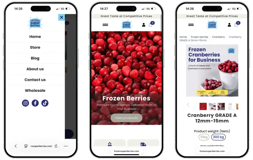 Frozensuperberberries E-veikala izstrāde Mājaslapas izstrāde SEO optimizācija UI UX dizains quo build portfolio tālruņa skats