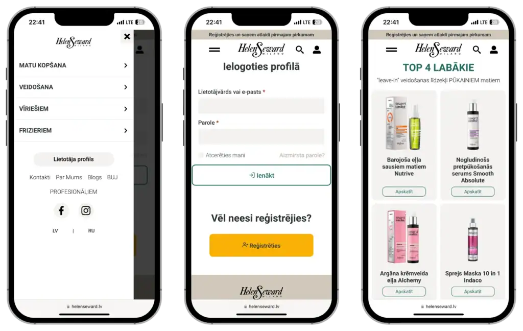 Helen Seward E-e-veikala izstrāde UI UX dizains E-komercijas risinājumi quo build portfolio tālruņa skats