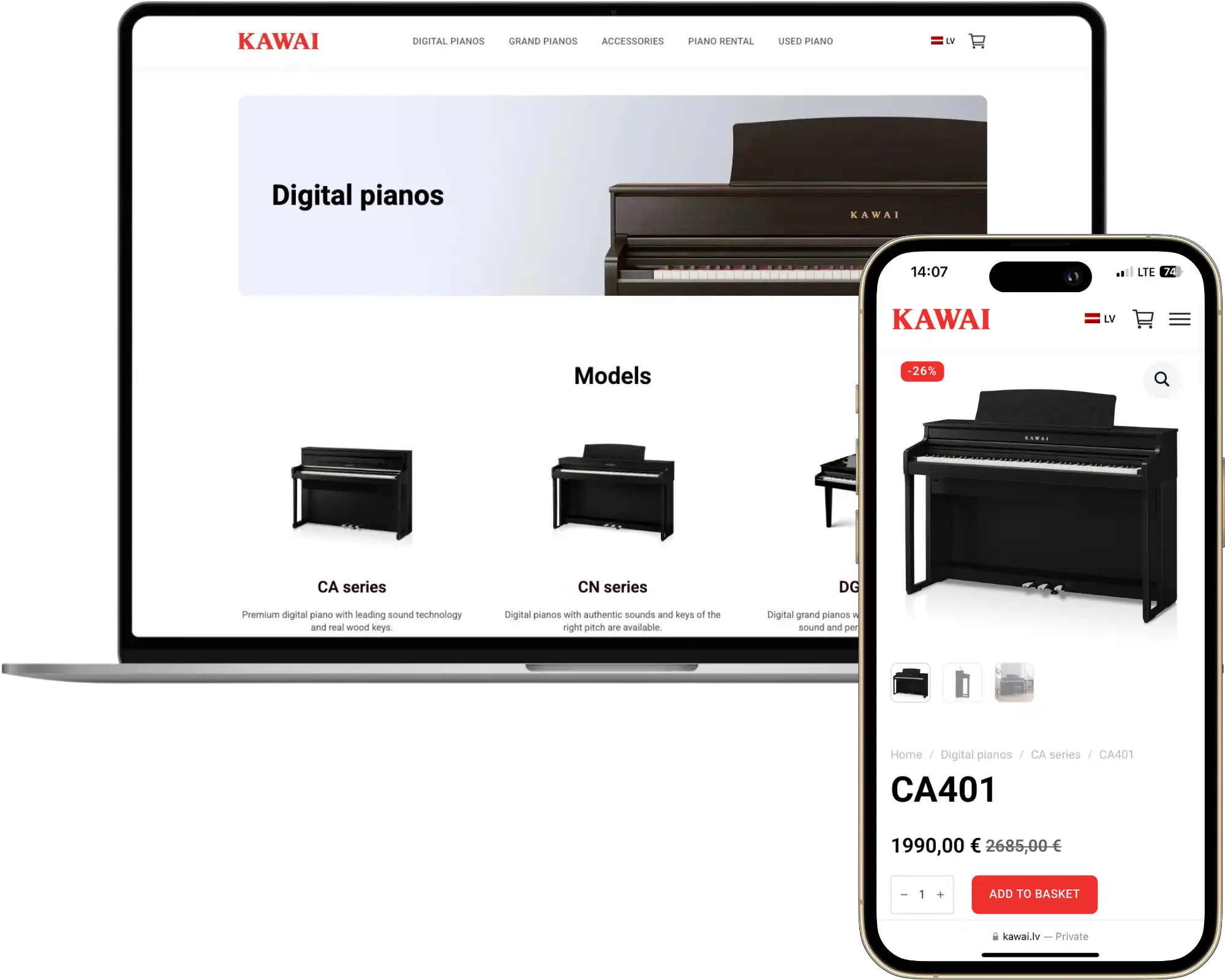 Kawai Latvia E-veikala izstrāde UI UX dizains Stratēģijas izstrāde quo build portfolio darbvirsmas skats pa tālruni
