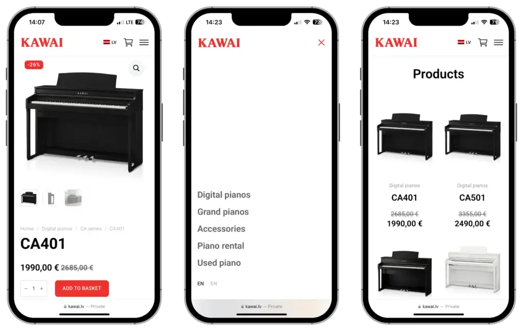 Kawai Latvia E-veikala izstrāde UI UX dizains Stratēģijas izstrāde quo build portfolio tālruņa skats