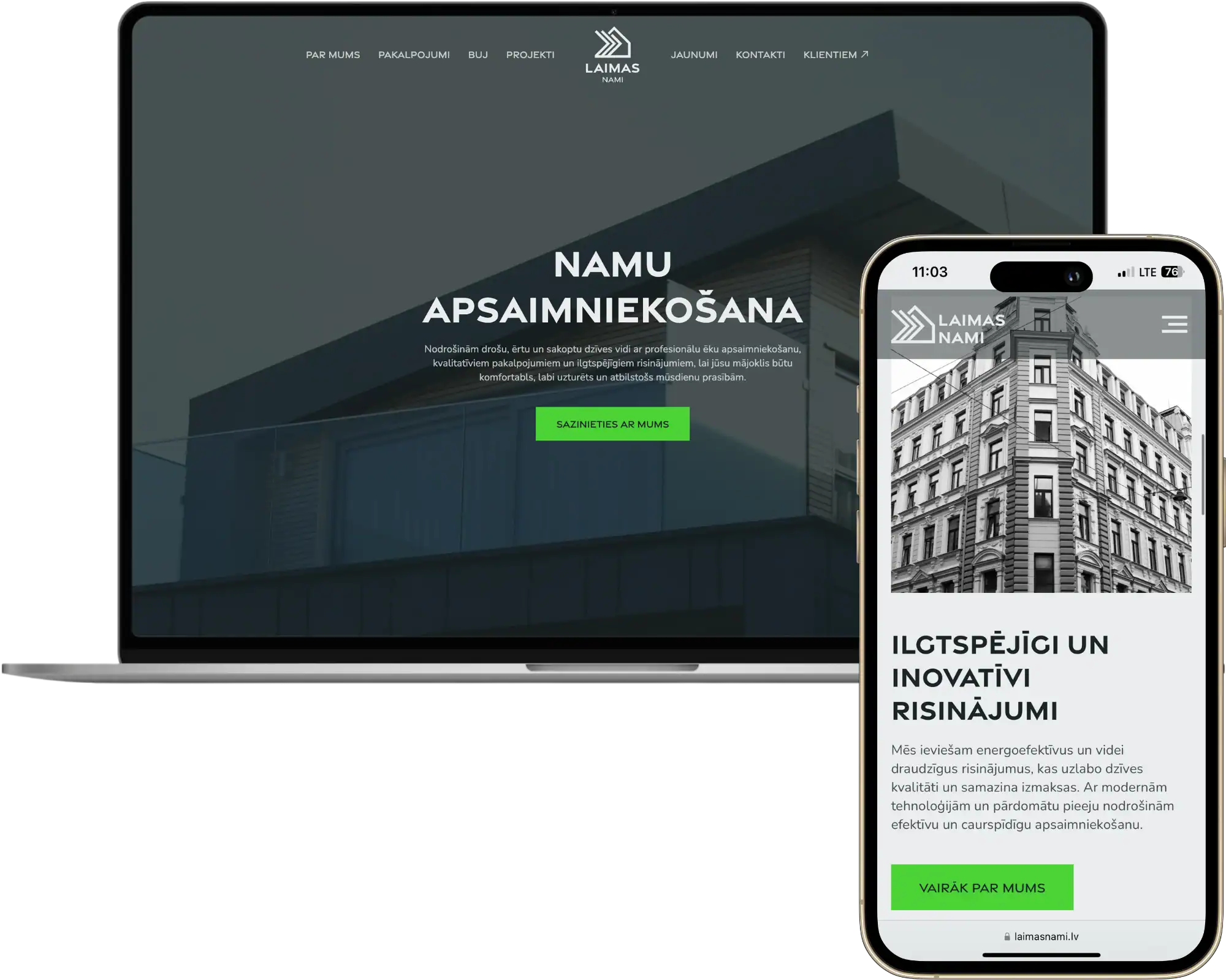 Laimas Nami Mājaslapas izstrāde UI UX dizains Pielāgota struktūra quo build portfolio desktop tālruņa skats