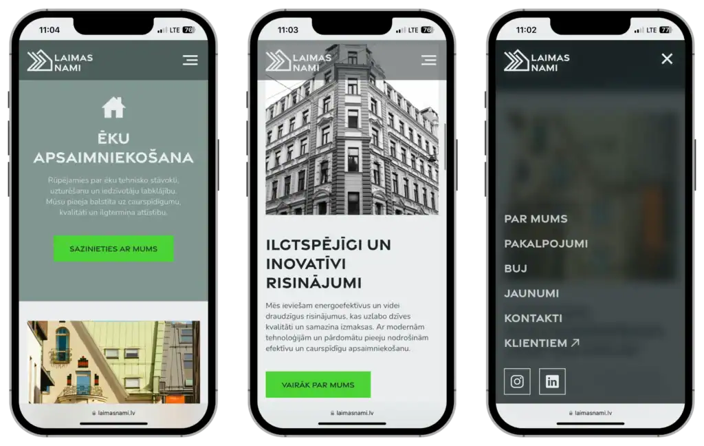 Laimas Nami Mājaslapas izstrāde UI UX dizains Pielāgota struktūra quo build portfolio tālruņa skats