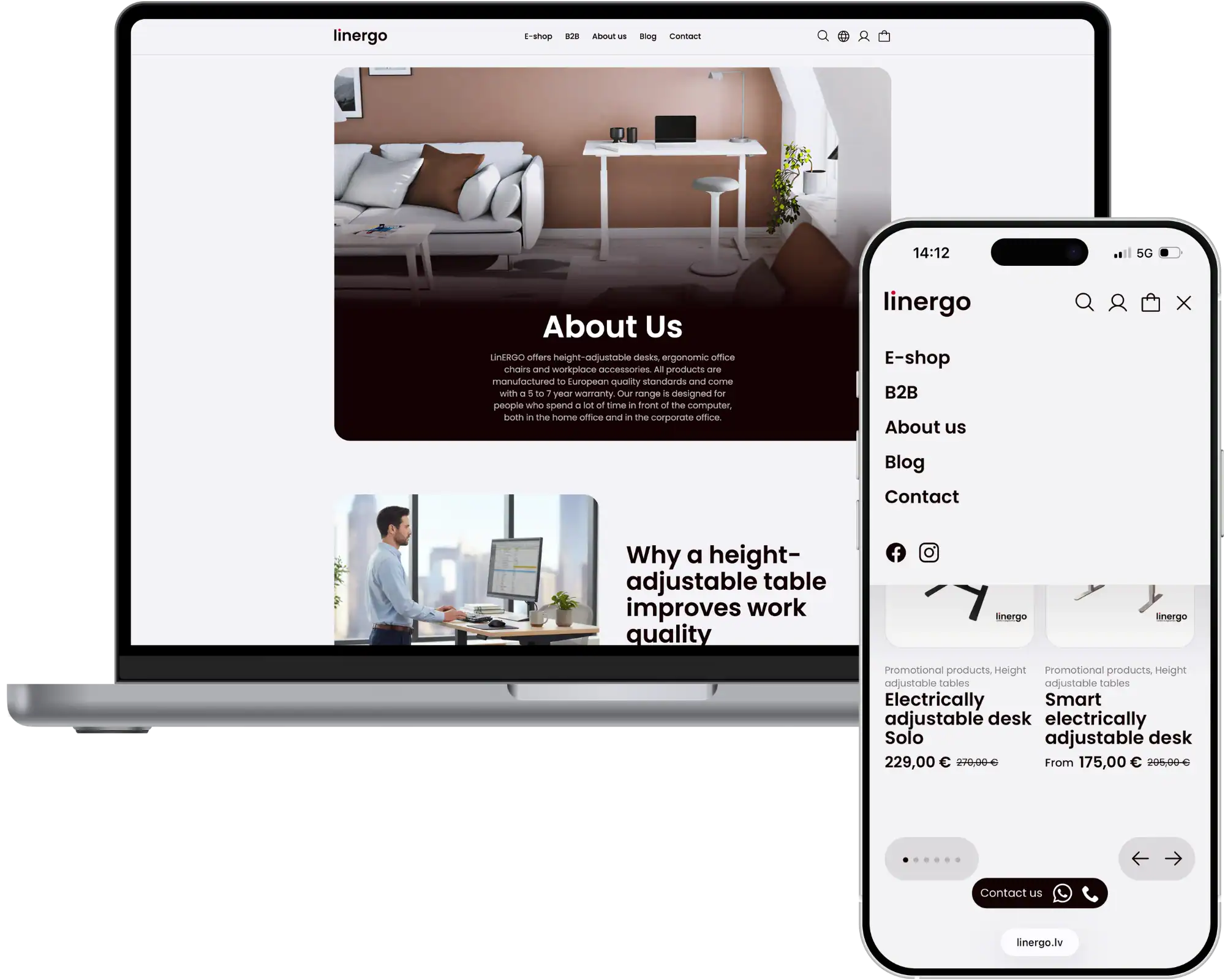 Linergo E-veikala izstrāde Mājaslapas izstrāde SEO optimizācija UI UX dizains quo build portfolio desktop tālruņa skats