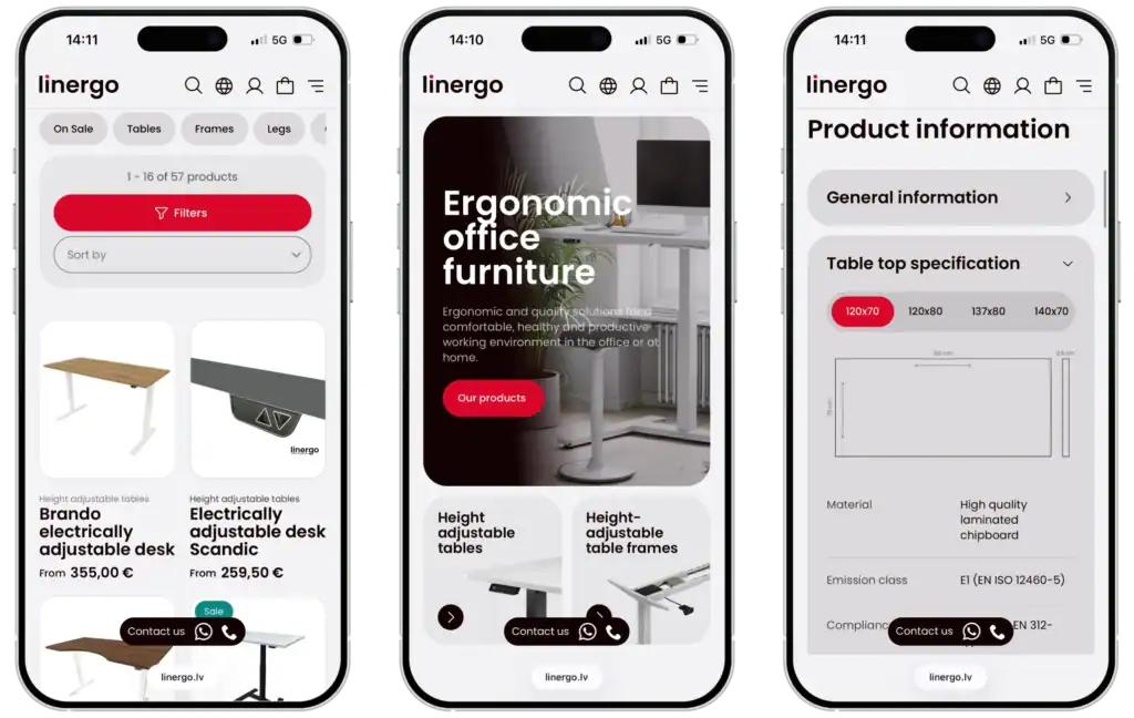 Linergo E-veikala izstrāde Mājaslapas izstrāde SEO optimizācija UI UX dizains quo build portfolio tālruņa skats