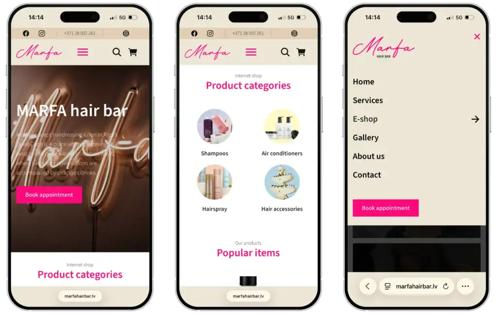 MARFA matu bārs Mājaslapas izstrāde UI UX dizains Tiešsaistes rezervēšanas sistēma quo build portfolio tālruņa skats
