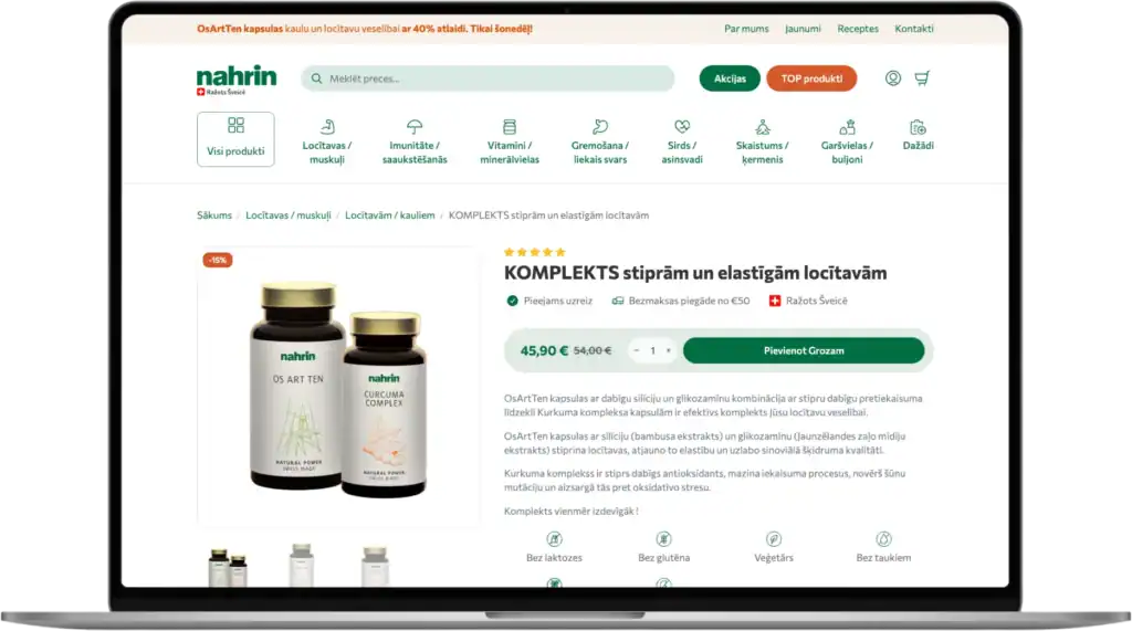 Nahrin E-veikala izstrāde UI UX dizains CRO stratēģija SEO optimizācija quo build portfolio darbvirsmas skats