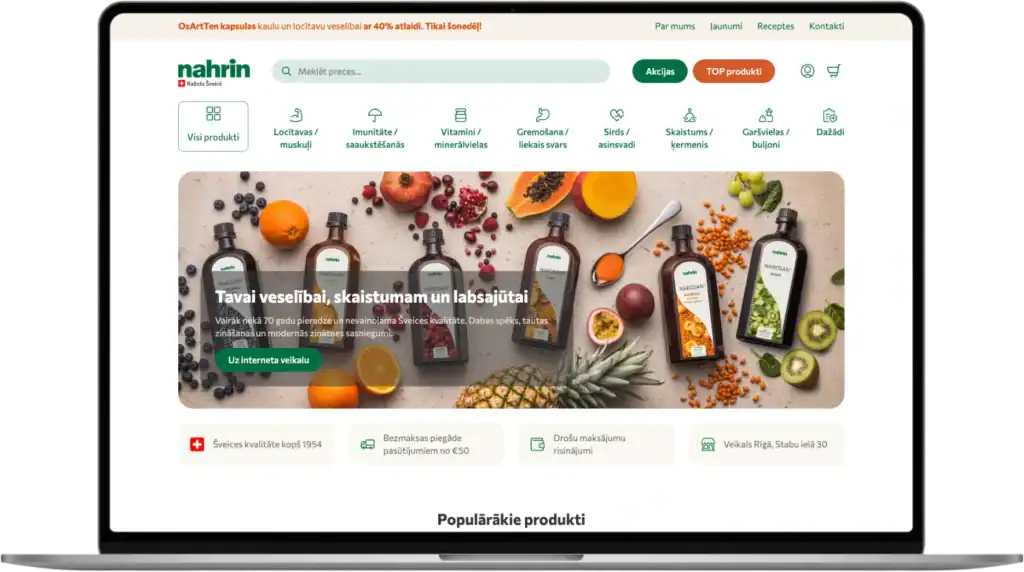Nahrin E-veikala izstrāde UI UX dizains CRO stratēģija SEO optimizācija quo build portfolio desktop view 2