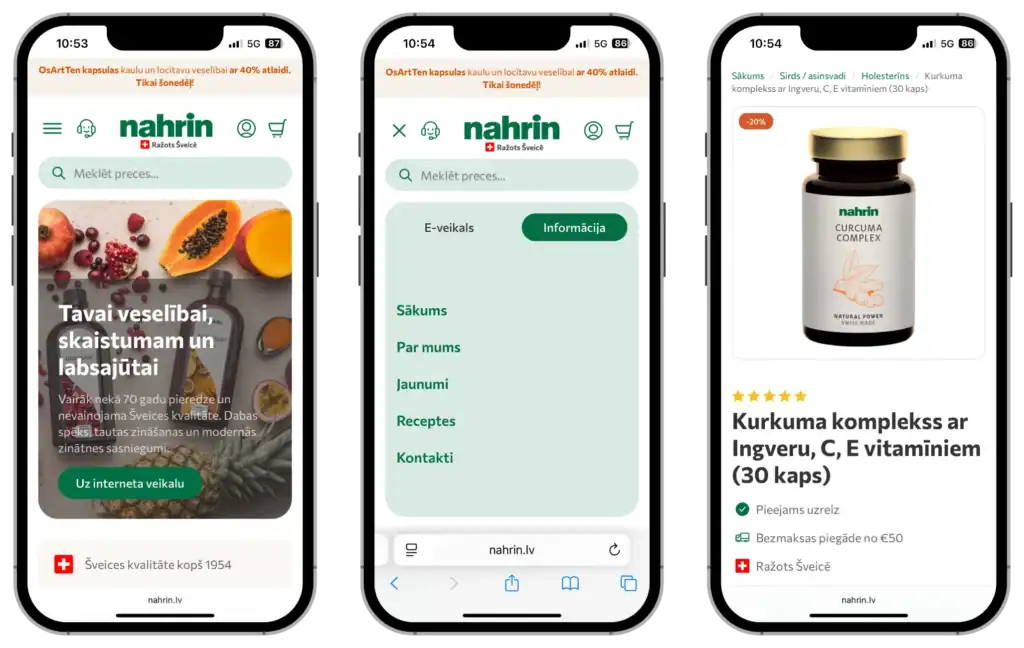 Nahrin E-veikala izstrāde UI UX dizains CRO stratēģija SEO optimizācija quo build portfolio tālruņa skats
