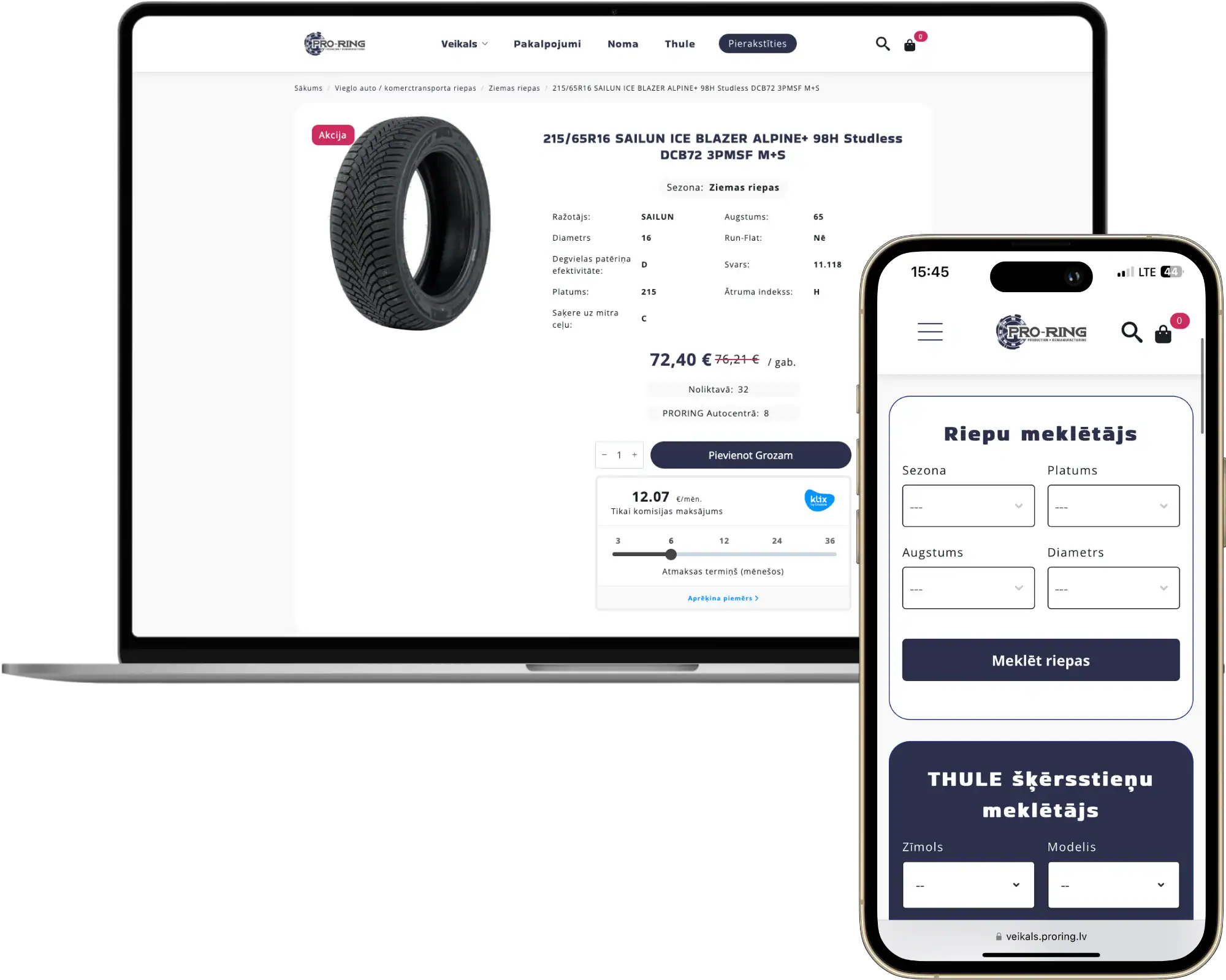 Proring Pielāgota e-veikala UI UX dizains API integrācija quo build portfolio desktop tālruņa skats