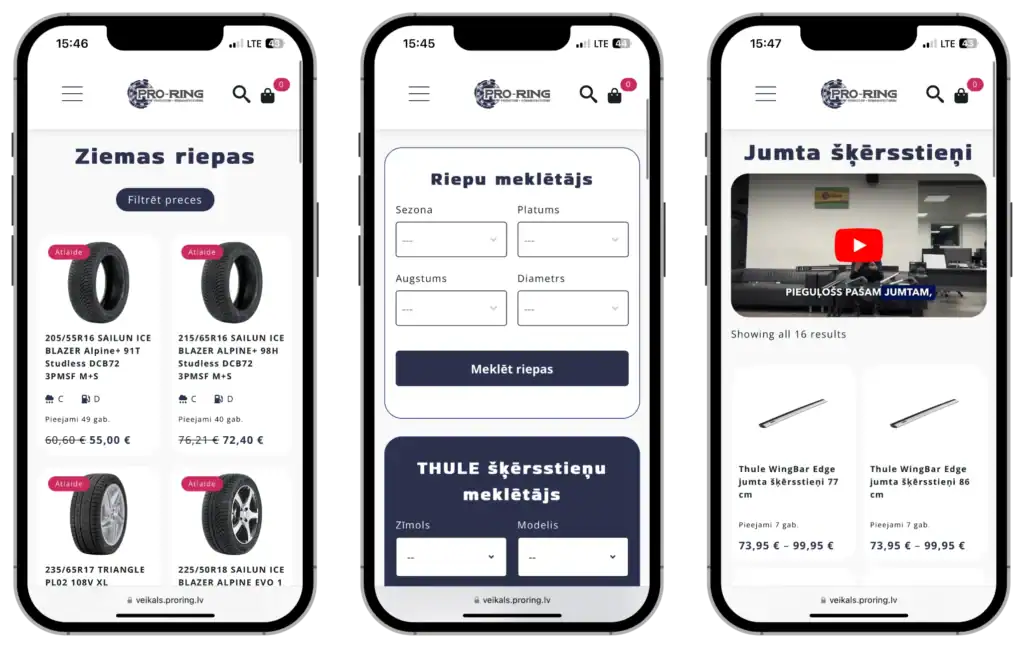 Proring Pielāgota e-veikala UI UX dizains API integrācija quo build portfolio tālruņa skats