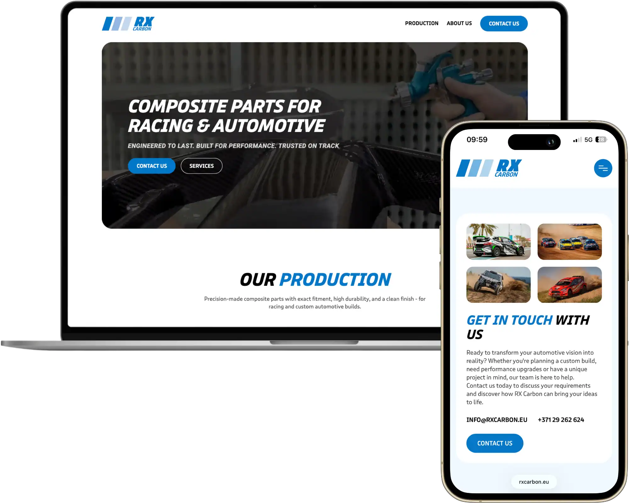 RX Carbon UI UX dizains Mājaslapas izstrāde SEO optimizācija quo build portfolio darbvirsmas ekrāns tālruņa skats