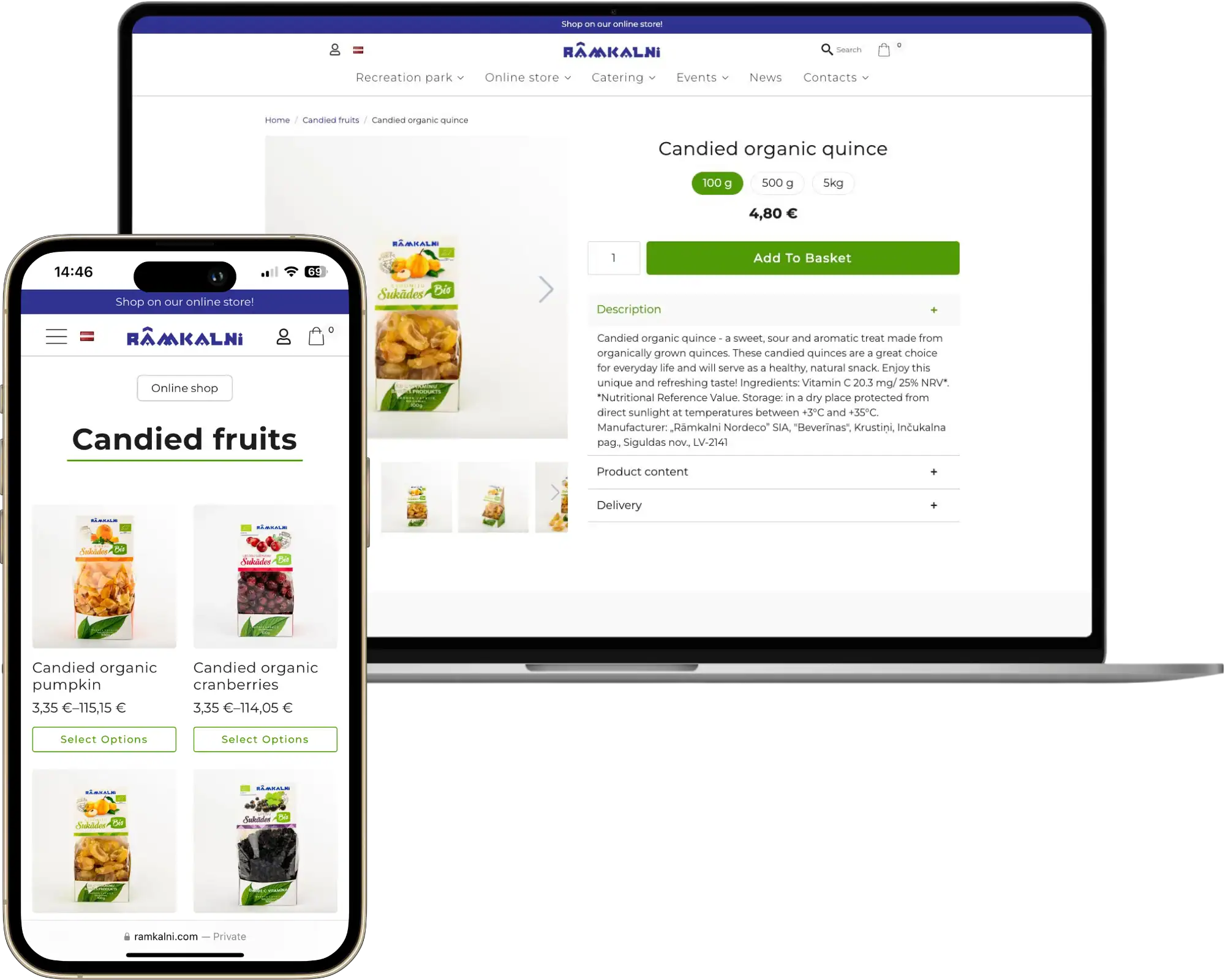 Rāmkalni Pielāgota e-veikala UI UX dizains Pielāgotas integrācijas quo build portfolio desktop tālruņa skats