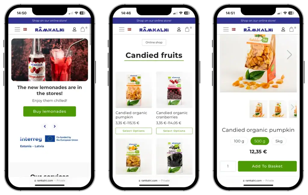 Rāmkalni Pielāgota e-veikala UI UX dizains Pielāgotas integrācijas quo build portfolio tālruņa skats