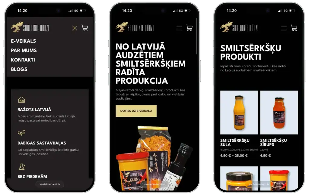 Saulainie dārzi E-veikala izveide Mājaslapas izstrāde SEO optimizācija UI UX dizains quo build portfolio tālruņa skats
