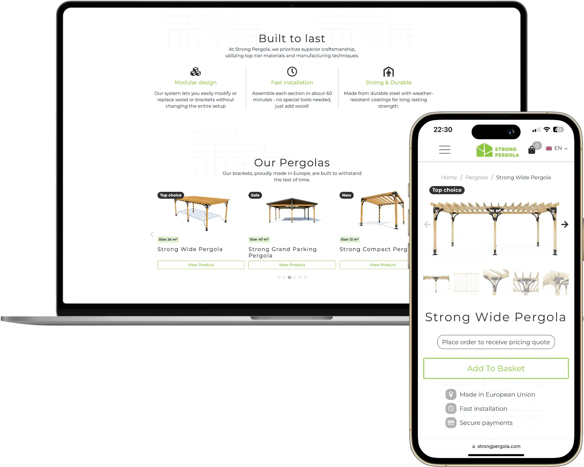 Strong Pergola UI UX dizains Mājaslapas izstrāde Stratēģijas izstrāde quo build portfolio darbvirsmas tālruņa skats