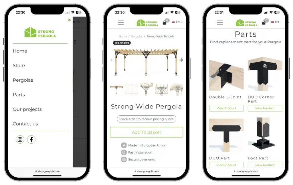 Strong Pergola UI UX dizains Mājaslapas izstrāde Stratēģijas izstrāde quo build portfolio tālruņa skats