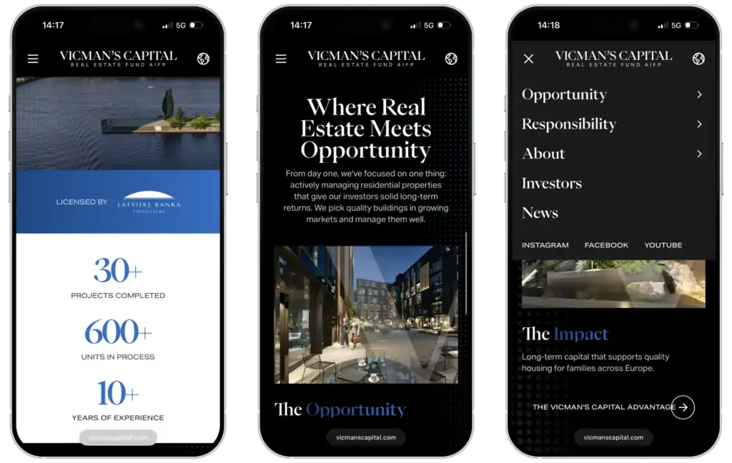 Vicmans Capital Mājaslapas izstrāde SEO optimizācija UI UX dizains quo build portfolio tālruņa skats