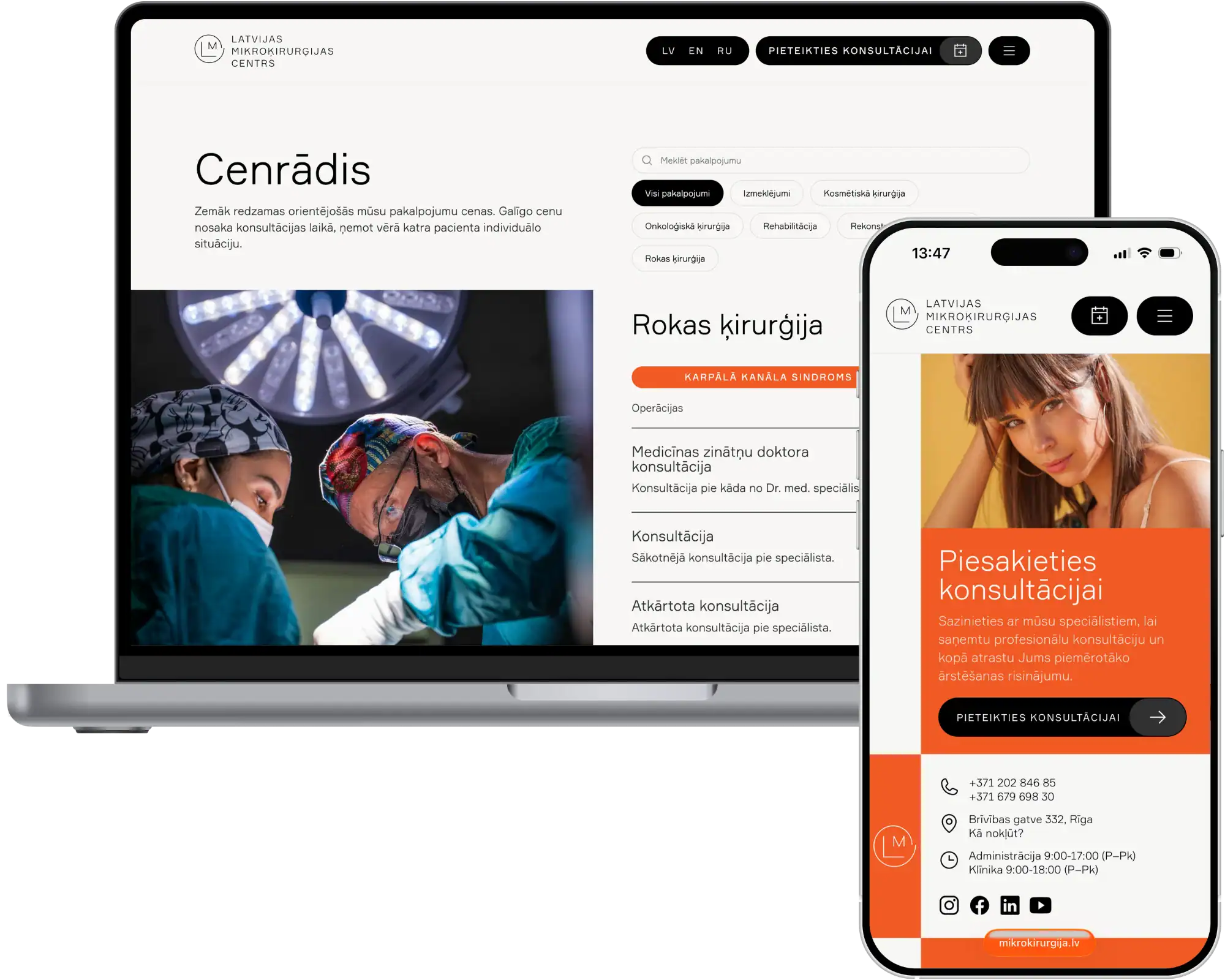 LMC Latvijas Mikroķirurģijas Centrs UI/UX dizains Tīmekļa vietnes izstrāde SEO migrācija Individuālas integrācijas Quo Build portfelis Datoru un mobilo ierīču skats