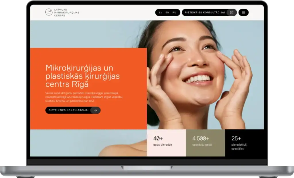 LMC Latvijas Mikroķirurģijas Centrs UI/UX dizains Tīmekļa vietnes izstrāde SEO migrācija Individuālas integrācijas Quo Build portfelis skats datorā