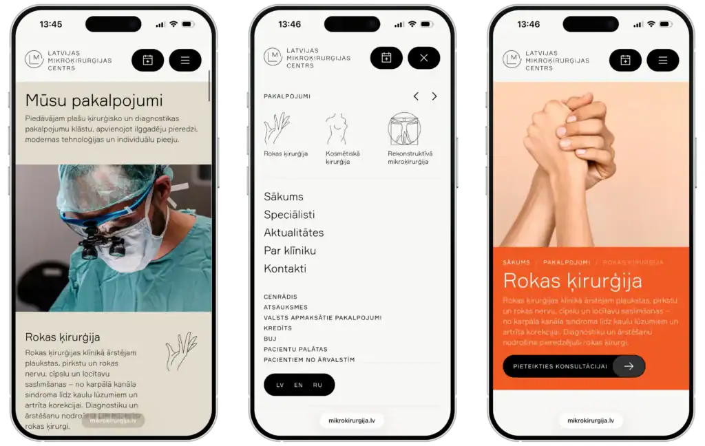 LMC Latvijas Mikroķirurģijas Centrs UI/UX dizains Tīmekļa vietņu izstrāde SEO migrācija Individuālas integrācijas Quo Build portfelis Mobilais skats