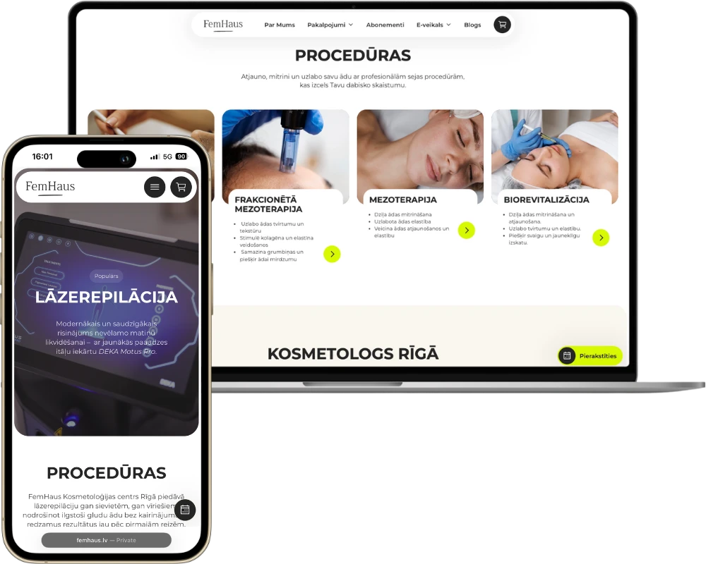 FemHaus darbvirsmas + tālruņa skats