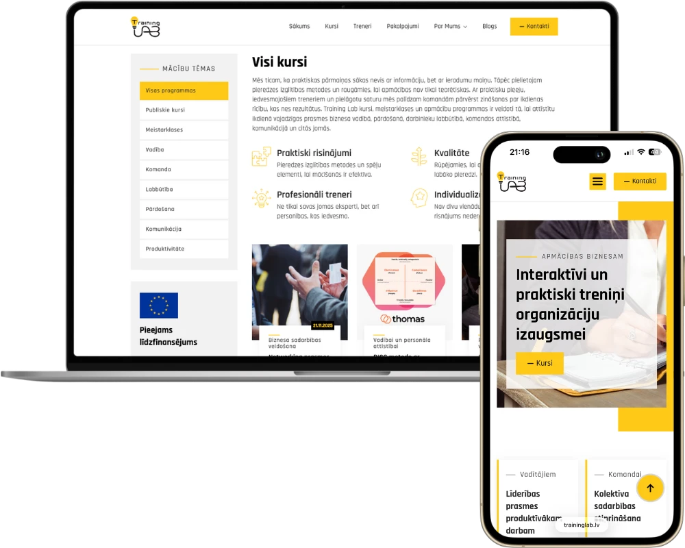 Traininglab darbvirsmas + tālruņa skats